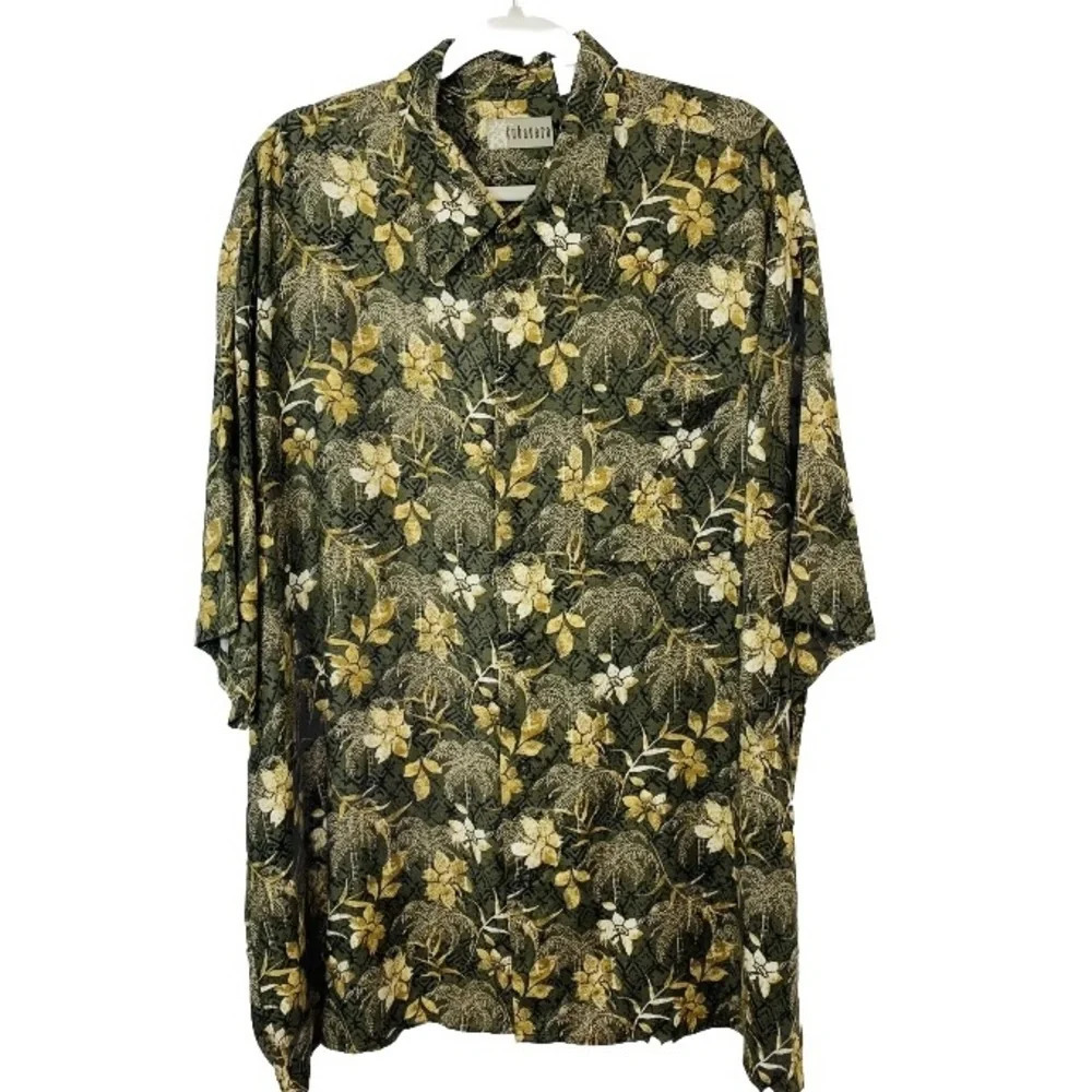 Cubavera Tropical Shirt Men 2XL Short Sleeve Floral Green Gold Light Camp Aloha
